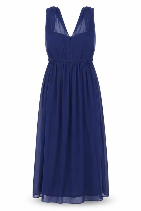 Front view of Next women’s blue polyester a-line, size UK 10, off the shoulder zip - draped shoulders