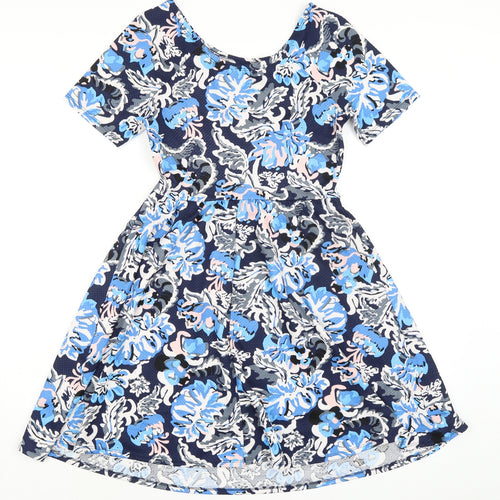 Dorothy Perkins Womens Blue Floral Polyester A-Line Size 10 Boat Neck Pullover
