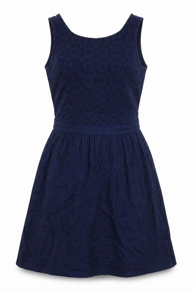 Front view of ESPRIT women’s blue 100% cotton a-line, size UK 8, boat neck button - elasticated waist