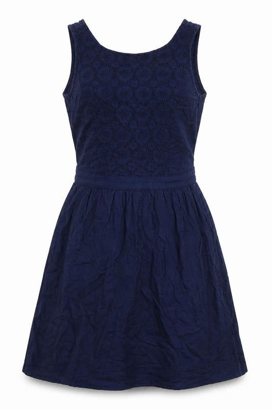 Front view of ESPRIT women’s blue 100% cotton a-line, size UK 8, boat neck button - elasticated waist