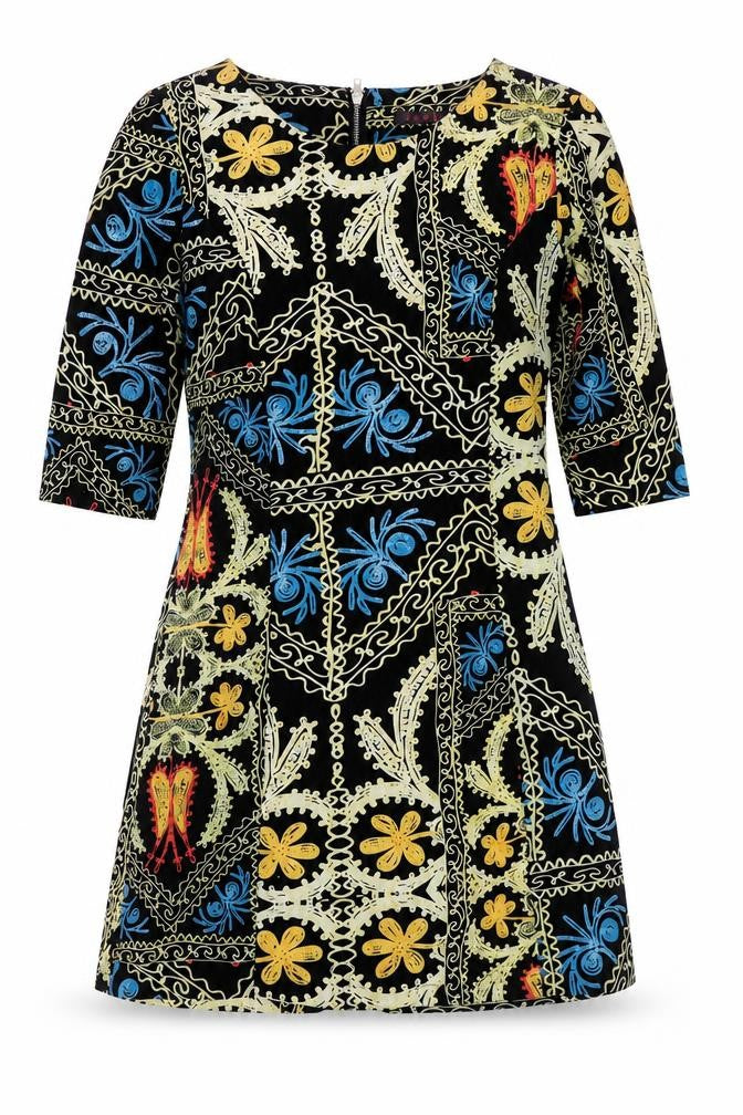 Front view of tenki women’s multicoloured polyester a-line, size UK 12, round neck zip