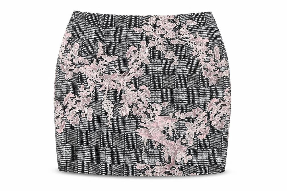 Front view of Missguided women’s multicoloured polyester a-line skirt, size UK 8, zip