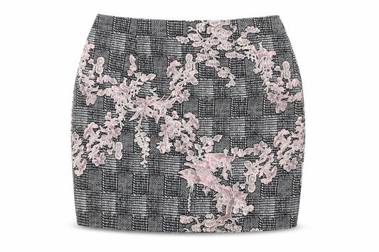 Front view of Missguided women’s multicoloured polyester a-line skirt, size UK 8, zip
