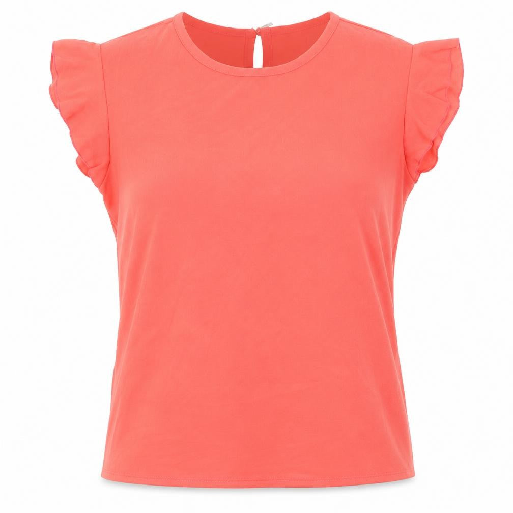 Front view of Koton women’s pink polyester basic blouse, size UK 8, round neck - ruffled sleeves