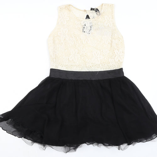 Izabel London Womens Black Cotton A-Line Size 12 Boat Neck Button - Lace Detail