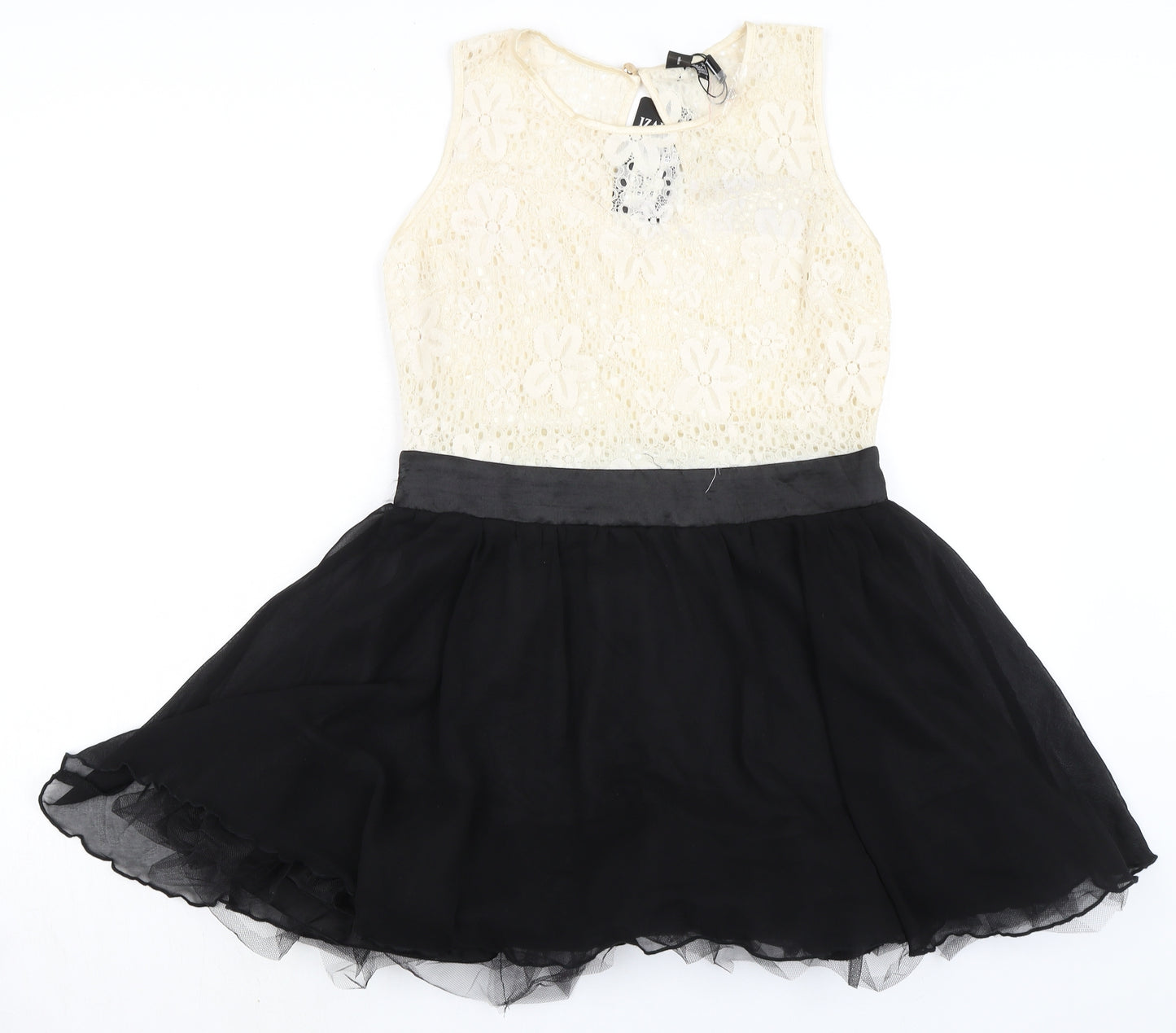Izabel London Womens Black Cotton A-Line Size 12 Boat Neck Button - Lace Detail