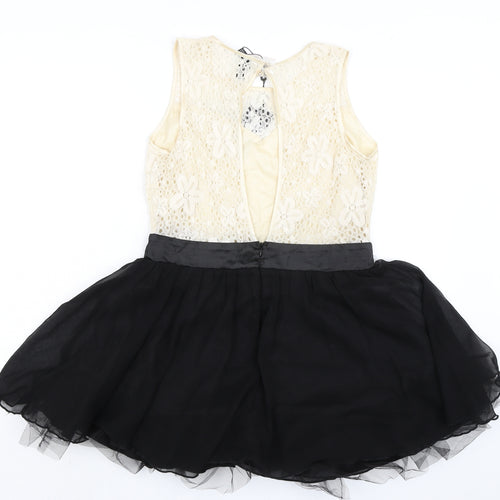 Izabel London Womens Black Cotton A-Line Size 12 Boat Neck Button - Lace Detail