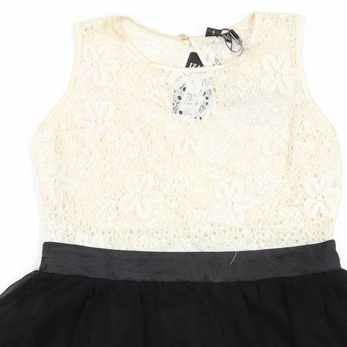 Izabel London Womens Black Cotton A-Line Size 12 Boat Neck Button - Lace Detail