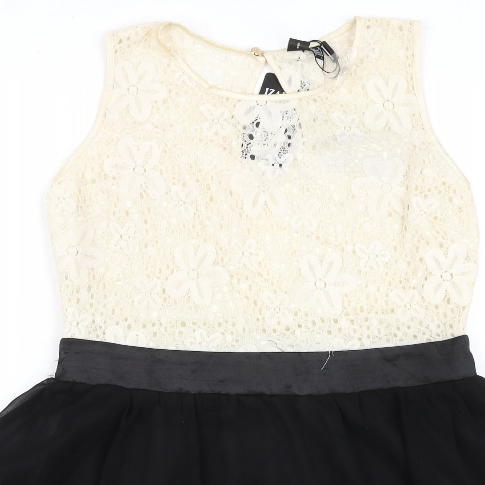 Izabel London Womens Black Cotton A-Line Size 12 Boat Neck Button - Lace Detail