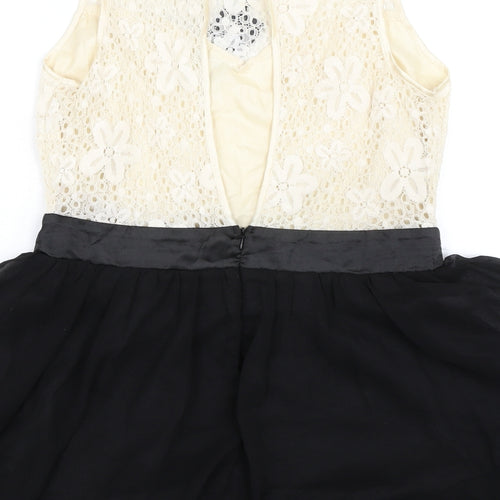 Izabel London Womens Black Cotton A-Line Size 12 Boat Neck Button - Lace Detail