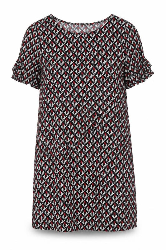 Front view of New Look women’s multicoloured viscose shirt dress, size UK 12, boat neck pullover - cold shoulder