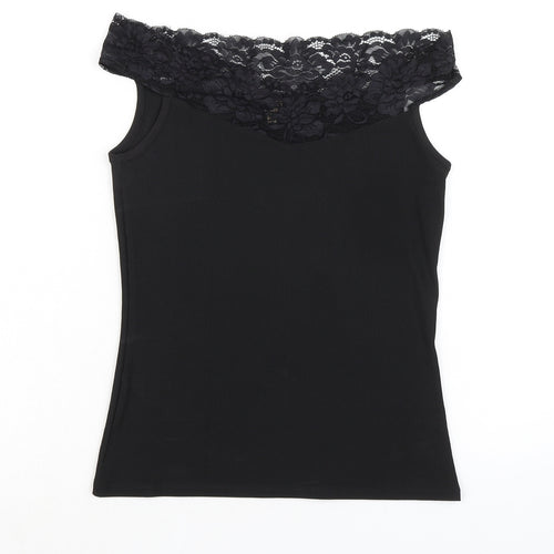 Lipsy London Womens Black Polyester Basic Blouse Size 14 Off the Shoulder - Lace Detail