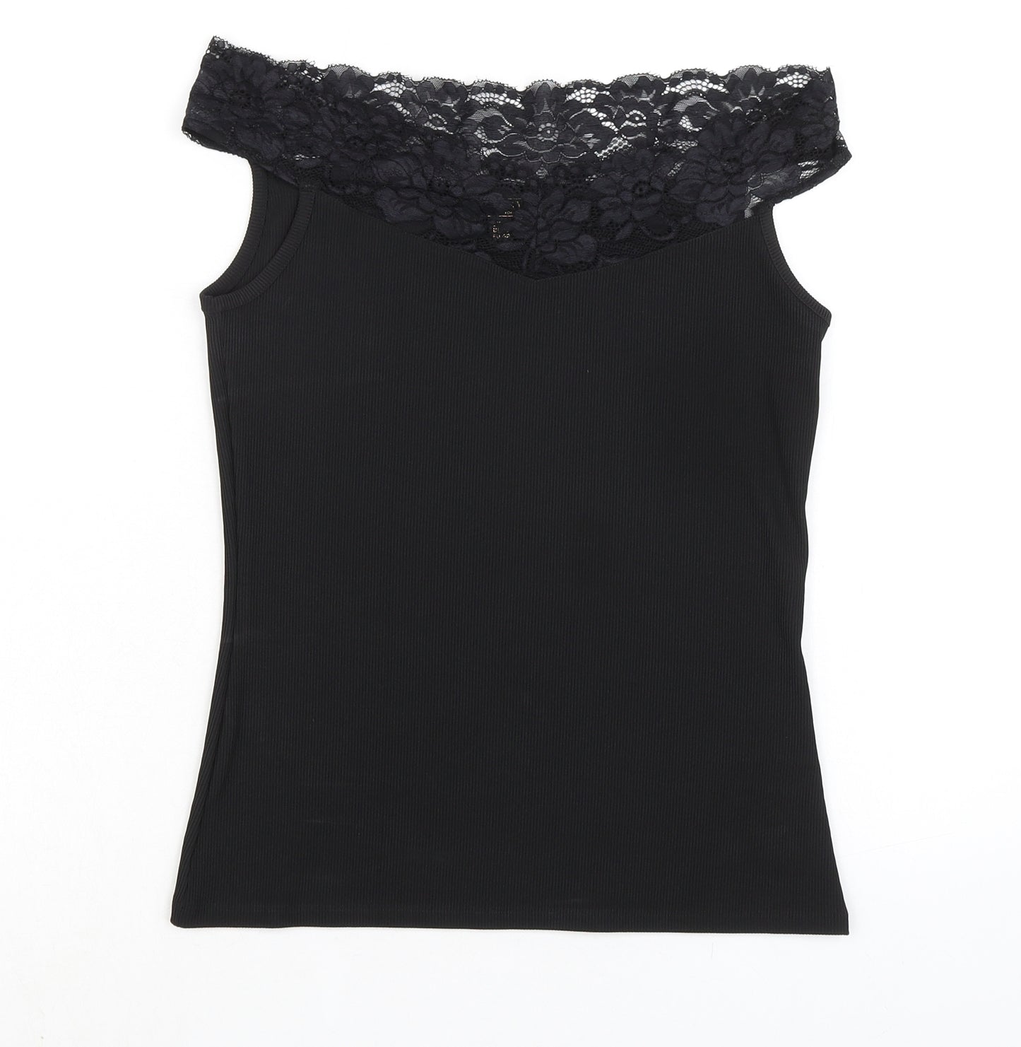 Lipsy London Womens Black Polyester Basic Blouse Size 14 Off the Shoulder - Lace Detail