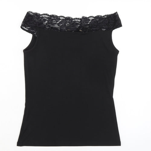 Lipsy London Womens Black Polyester Basic Blouse Size 14 Off the Shoulder - Lace Detail