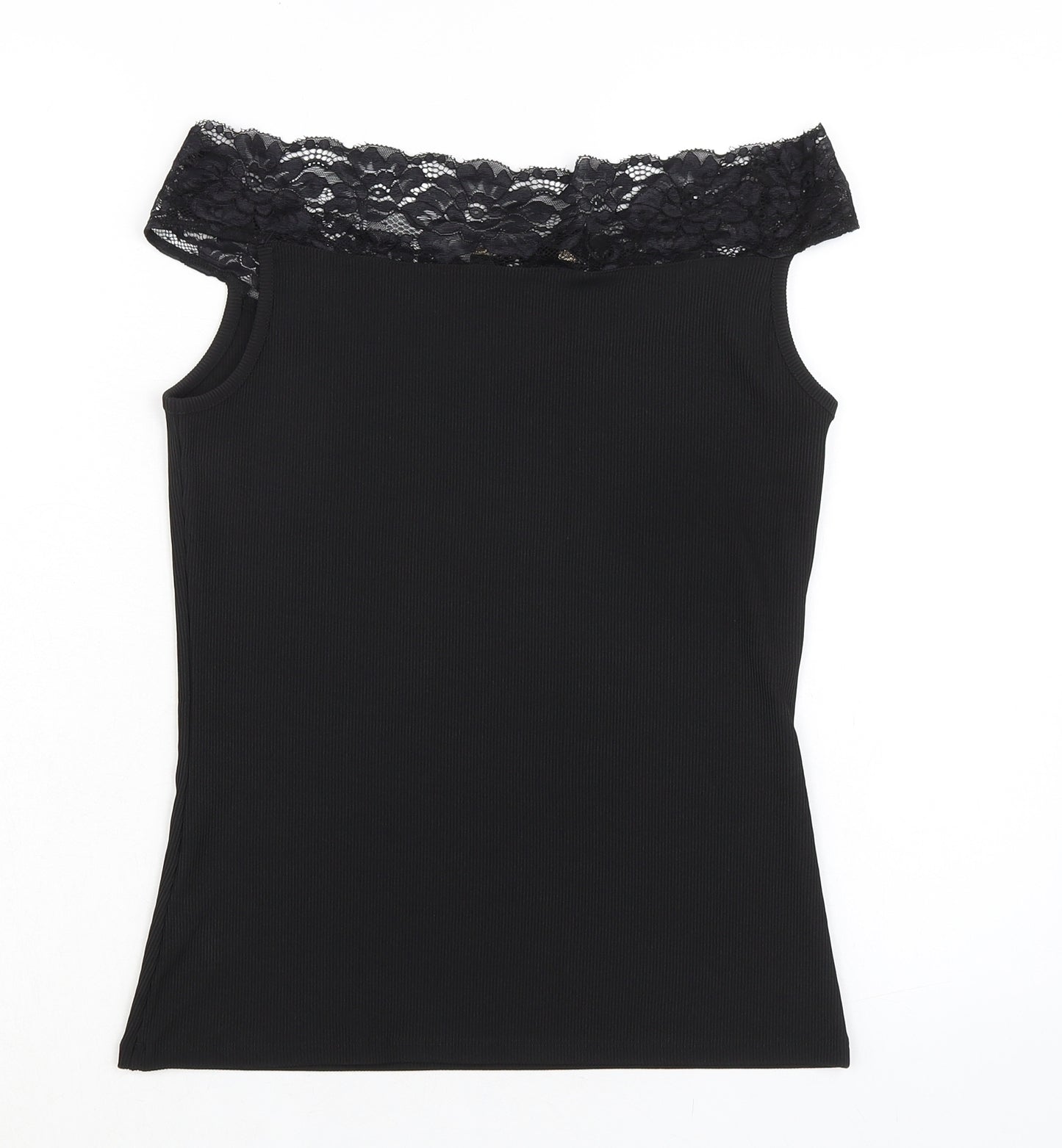 Lipsy London Womens Black Polyester Basic Blouse Size 14 Off the Shoulder - Lace Detail