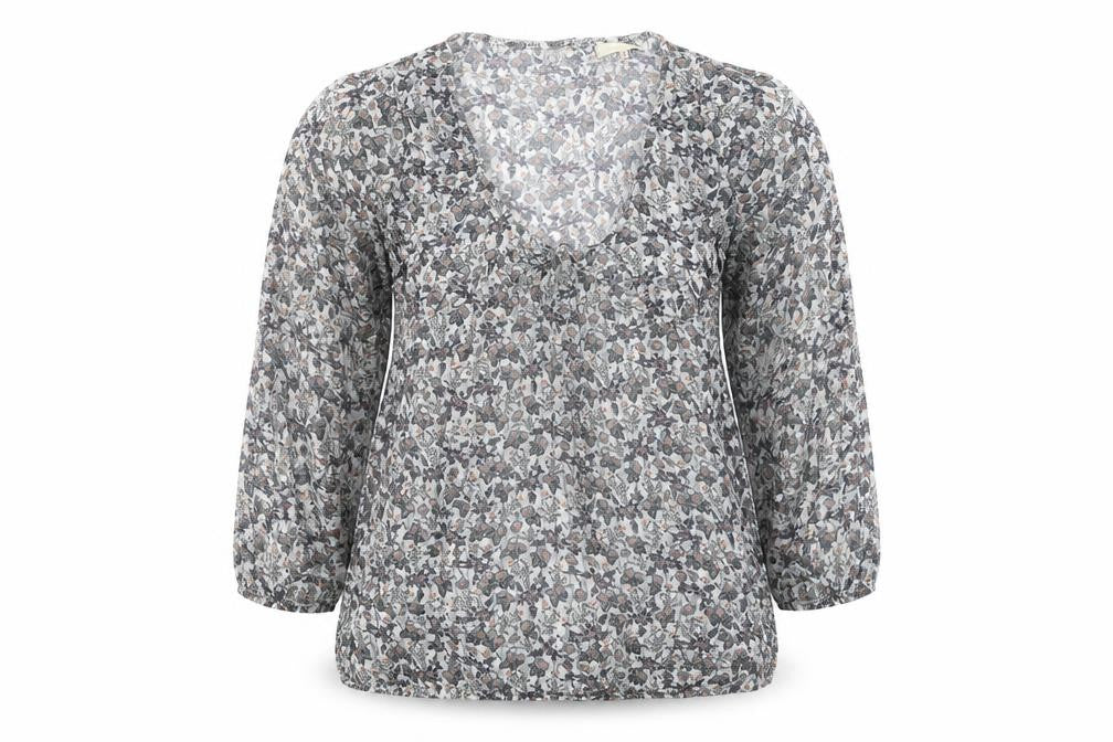 Front view of River Island women’s multicoloured floral viscose basic blouse, size UK 14, v-neck - elasticated waist