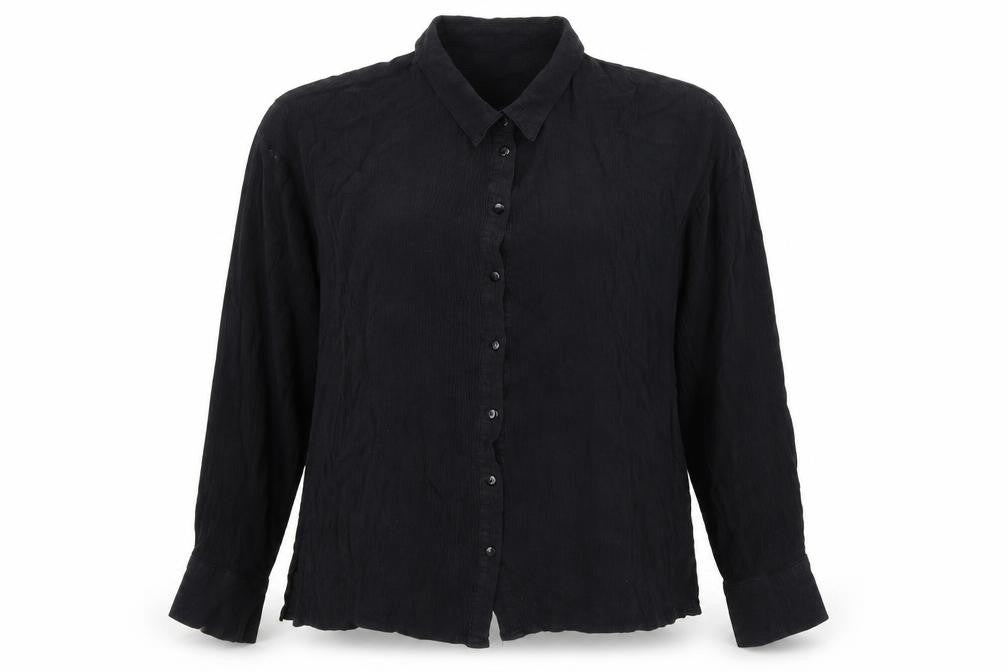 Front view of Missguided women’s black viscose basic blouse, size UK 10, collared