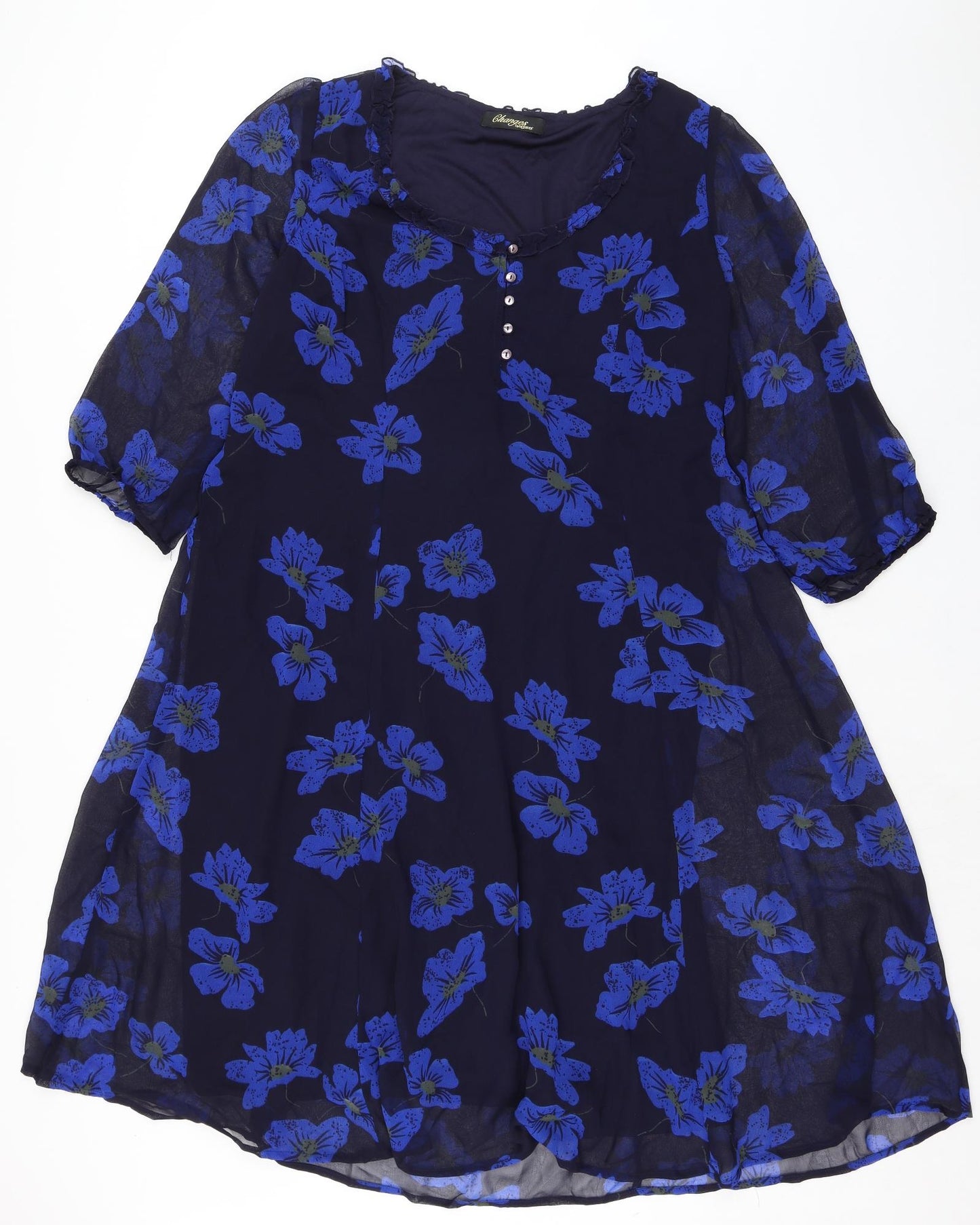 Changers Womens Blue Floral Polyester A-Line Size 20 Scoop Neck Button - Ruffled Collar