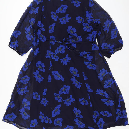 Changers Womens Blue Floral Polyester A-Line Size 20 Scoop Neck Button - Ruffled Collar