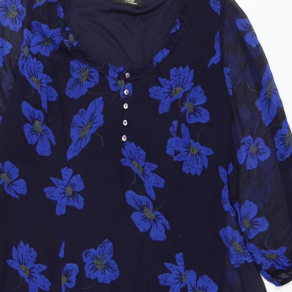 Changers Womens Blue Floral Polyester A-Line Size 20 Scoop Neck Button - Ruffled Collar