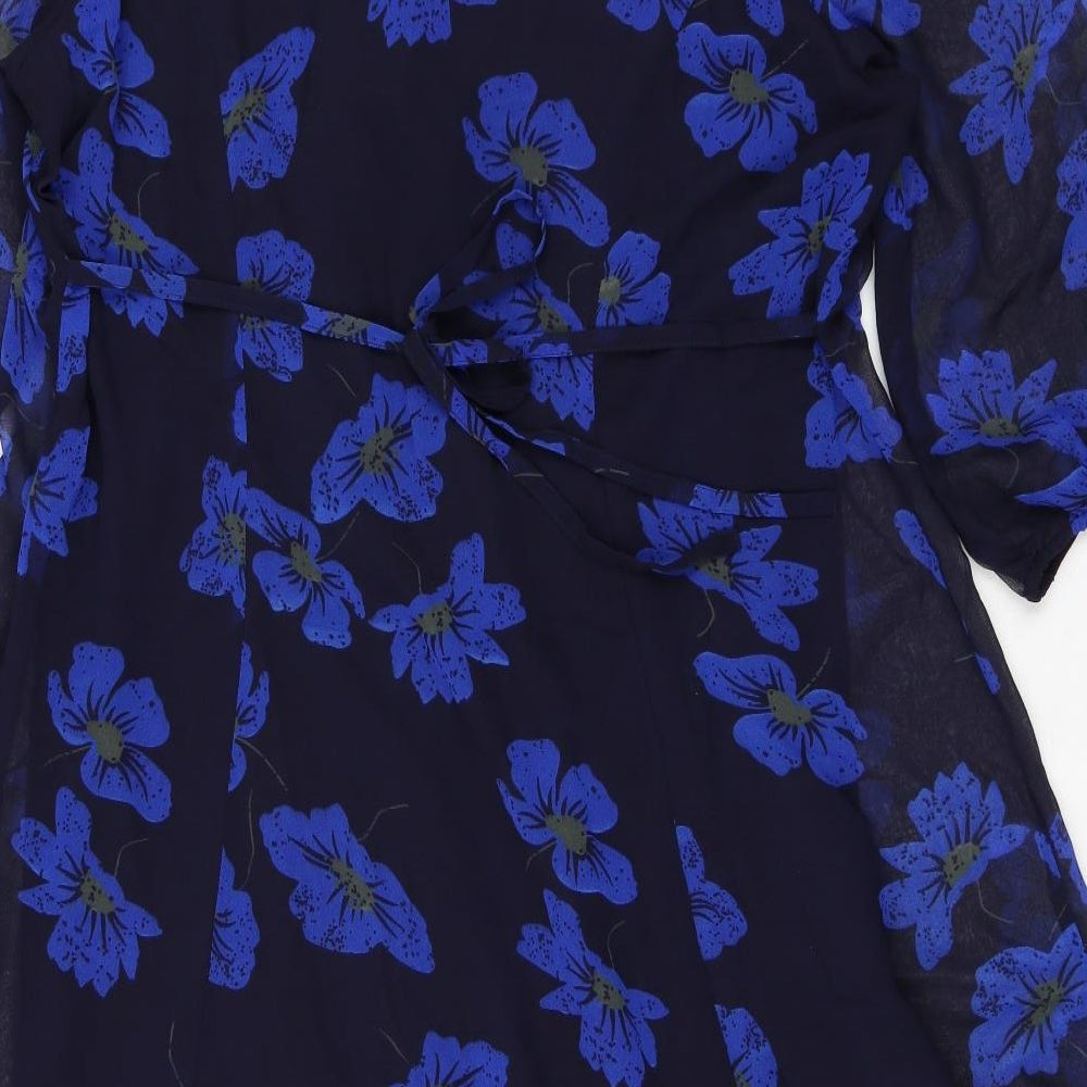 Changers Womens Blue Floral Polyester A-Line Size 20 Scoop Neck Button - Ruffled Collar