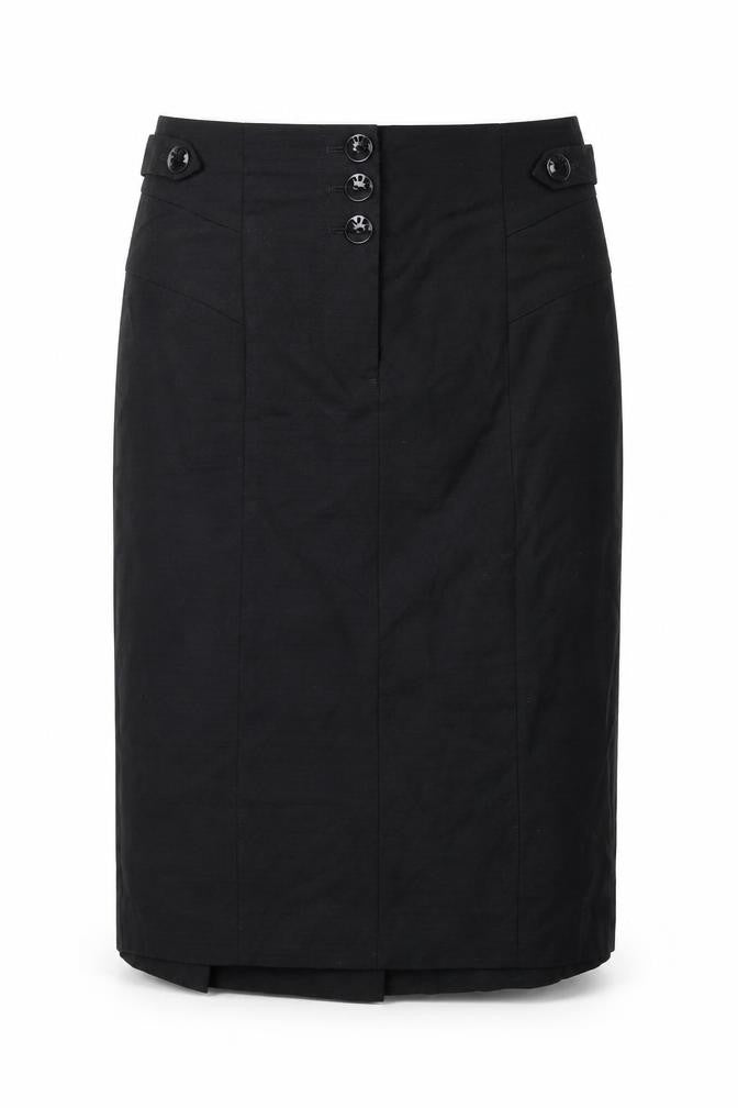 Front view of Next women’s black polyester a-line skirt, size UK 10, zip - pleated