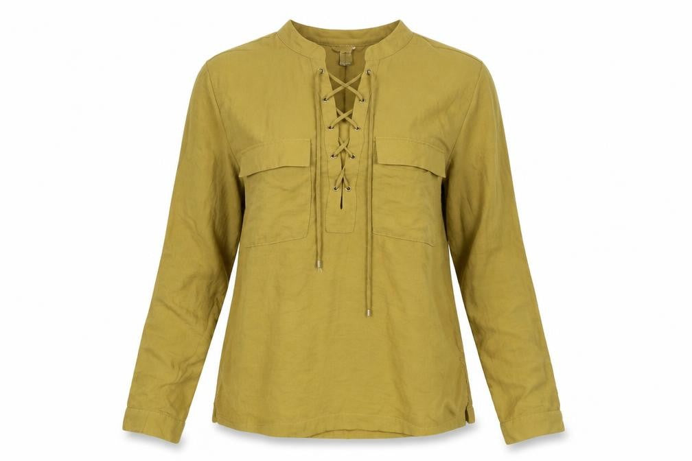 Front view of H&M women’s green polyester basic blouse, size UK 10, mock neck