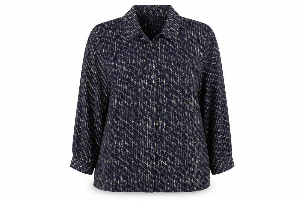 Front view of ELVI women’s blue polyester basic blouse, size UK 16, collared - shoulder pads