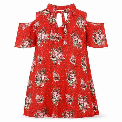 Body Flirt Womens Red Floral Polyester A-Line Size M Mock Neck Tie - Cold Shoulder