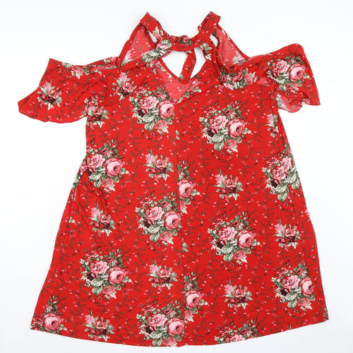 Body Flirt Womens Red Floral Polyester A-Line Size M Mock Neck Tie - Cold Shoulder