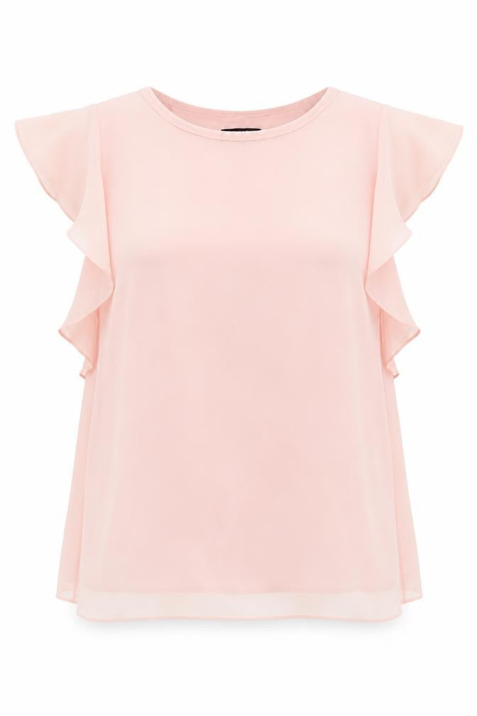 Front view of Debenhams women’s pink viscose basic blouse, size UK 16, boat neck - layered