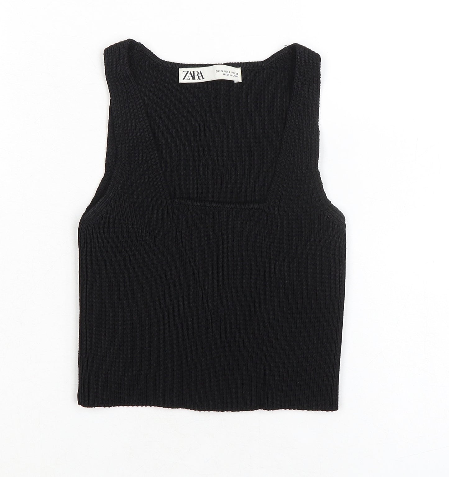Zara Womens Black Viscose Basic Tank Size S Square Neck - Ribbed