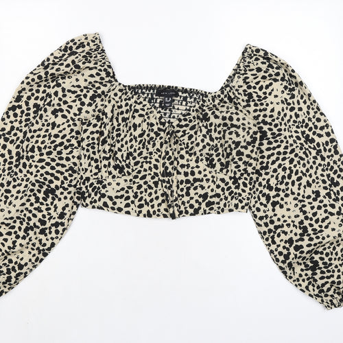 New Look Womens Beige Animal Print Polyester Cropped Blouse Size 10 Square Neck - Smocked