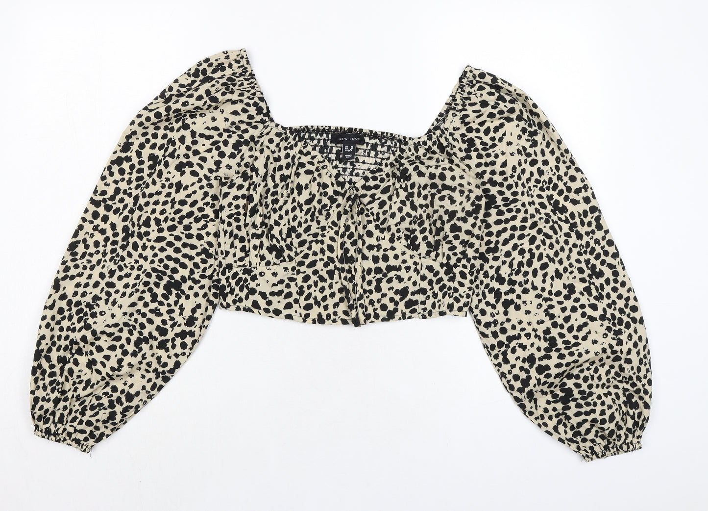 New Look Womens Beige Animal Print Polyester Cropped Blouse Size 10 Square Neck - Smocked