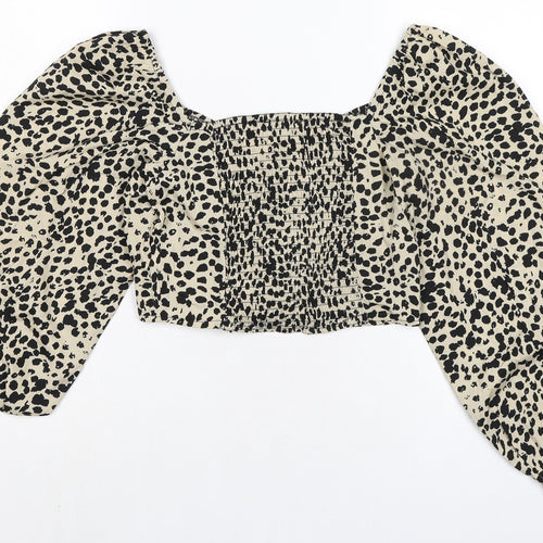 New Look Womens Beige Animal Print Polyester Cropped Blouse Size 10 Square Neck - Smocked