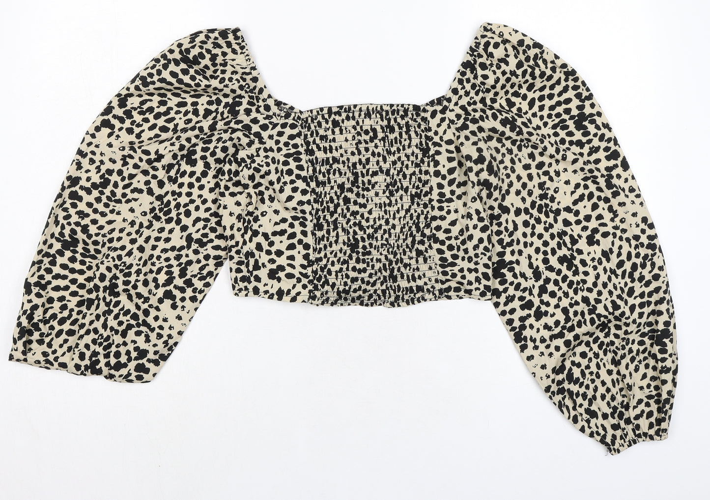New Look Womens Beige Animal Print Polyester Cropped Blouse Size 10 Square Neck - Smocked