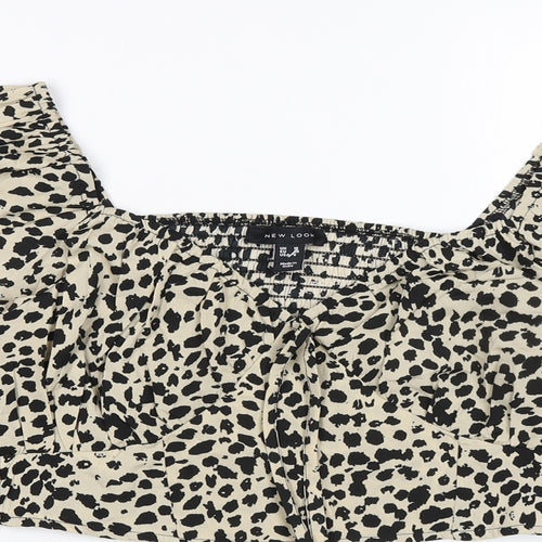 New Look Womens Beige Animal Print Polyester Cropped Blouse Size 10 Square Neck - Smocked