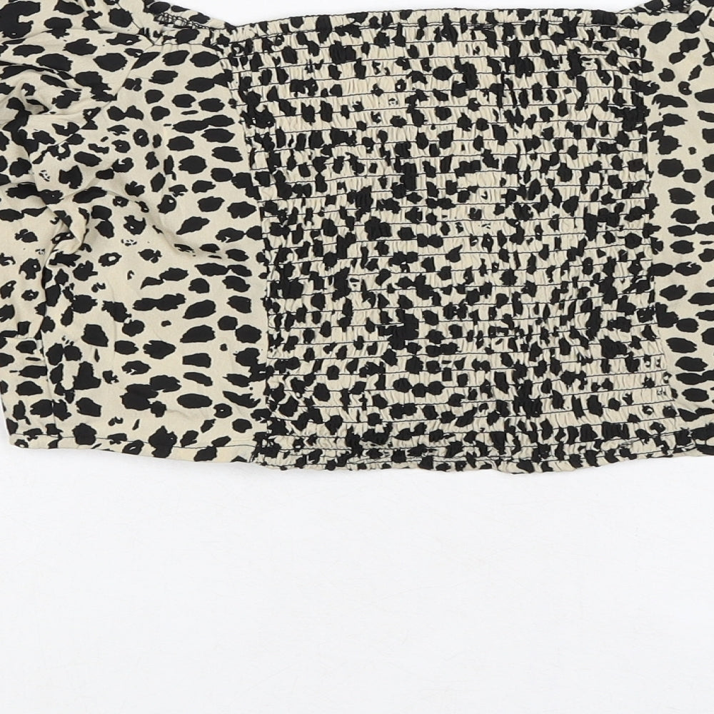 New Look Womens Beige Animal Print Polyester Cropped Blouse Size 10 Square Neck - Smocked
