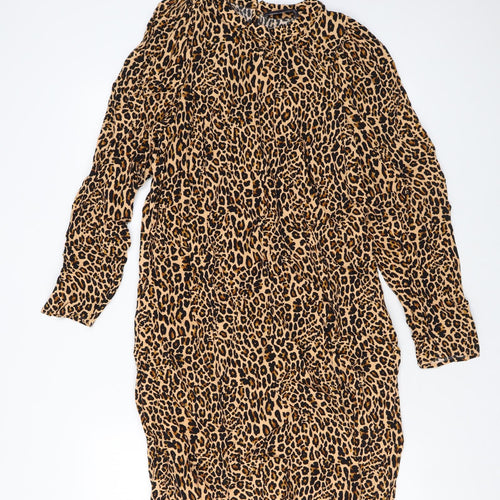 Marks and Spencer Womens Brown Animal Print Viscose A-Line Size 12 Round Neck Button