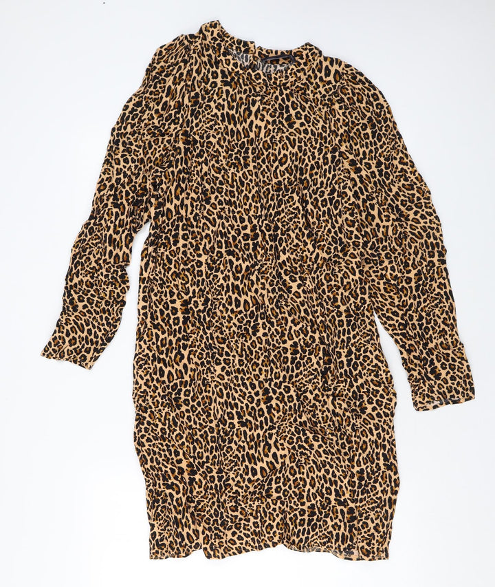 Marks and Spencer Womens Brown Animal Print Viscose A-Line Size 12 Round Neck Button