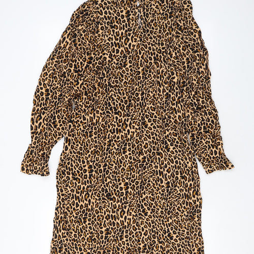 Marks and Spencer Womens Brown Animal Print Viscose A-Line Size 12 Round Neck Button