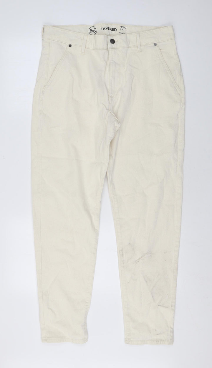 Marks and Spencer Mens Beige Cotton Straight Jeans Size 34 in L30 in Regular Zip