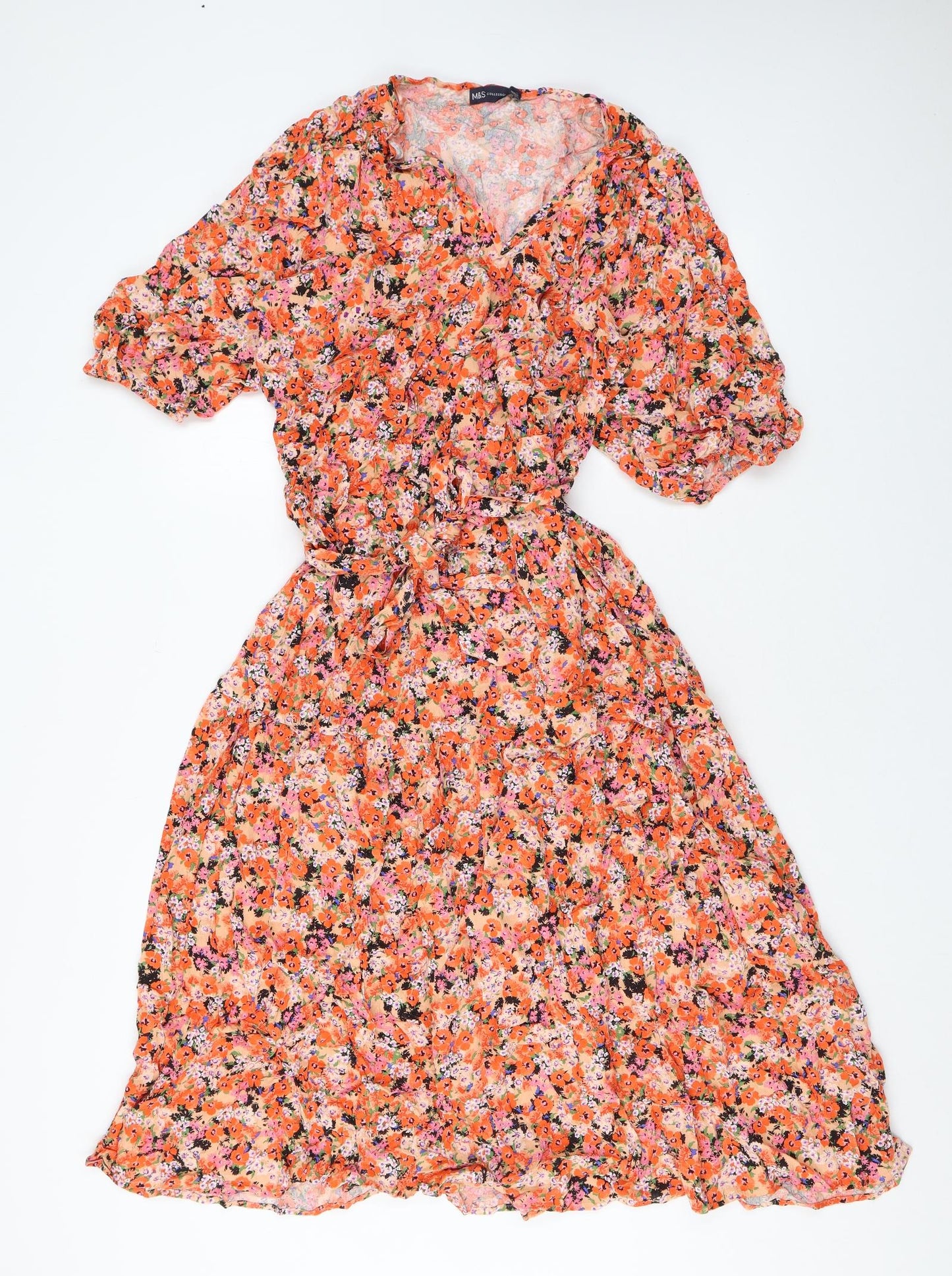 Marks and Spencer Womens Orange Floral Viscose A-Line Size 16 V-Neck Pullover