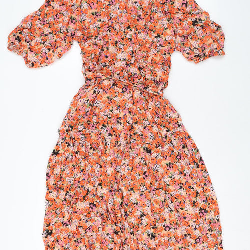 Marks and Spencer Womens Orange Floral Viscose A-Line Size 16 V-Neck Pullover