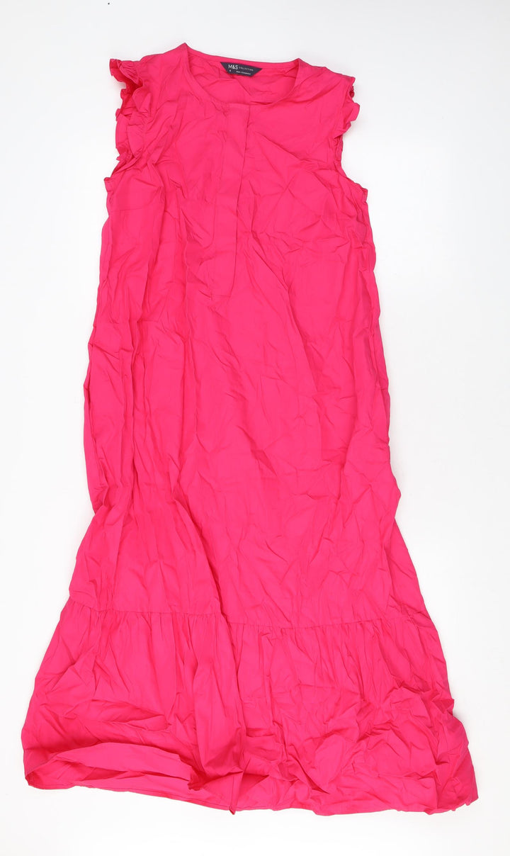 Marks and Spencer Womens Pink Cotton Tank Dress Size 8 Round Neck Button