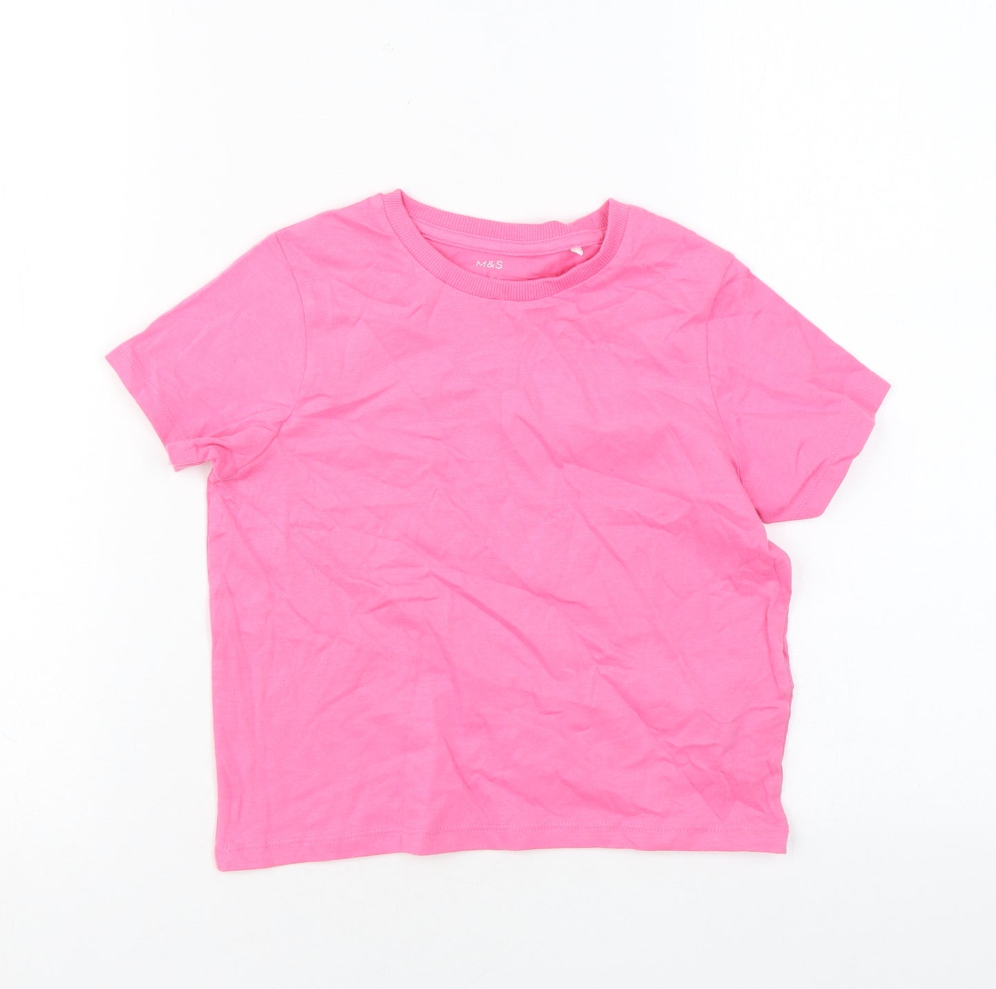 Marks and Spencer Girls Pink Cotton Basic T-Shirt Size 7-8 Years Round Neck Pullover
