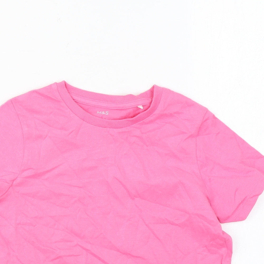 Marks and Spencer Girls Pink Cotton Basic T-Shirt Size 7-8 Years Round Neck Pullover
