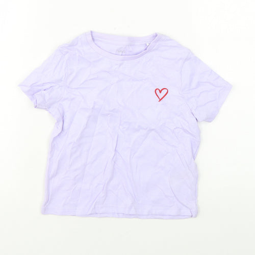 Marks and Spencer Girls Purple Cotton Basic T-Shirt Size 7-8 Years Round Neck Pullover - Heart print