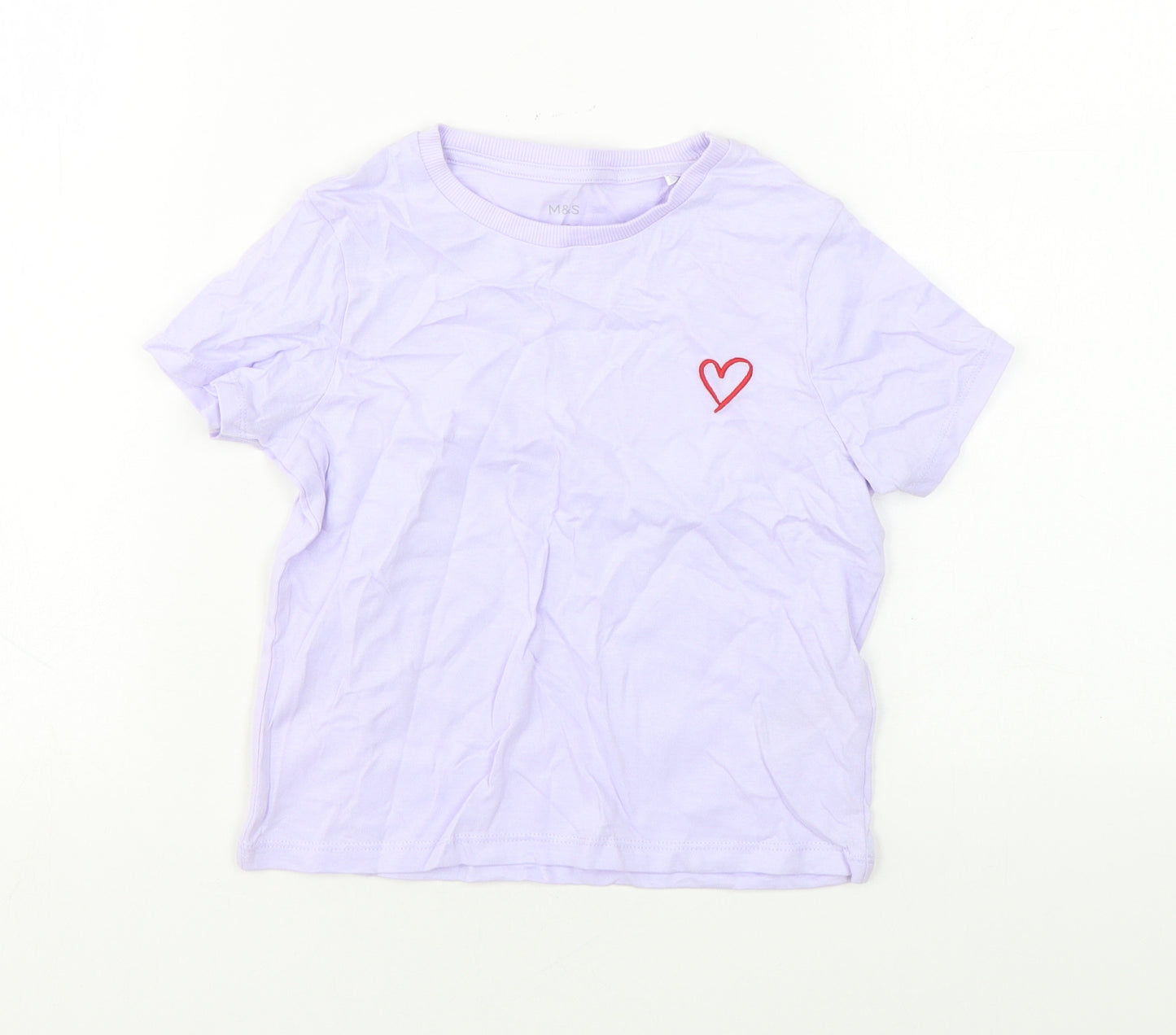 Marks and Spencer Girls Purple Cotton Basic T-Shirt Size 7-8 Years Round Neck Pullover - Heart print