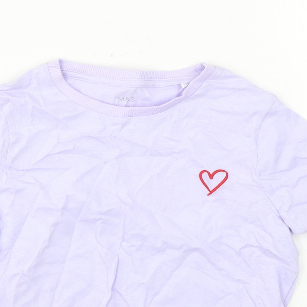 Marks and Spencer Girls Purple Cotton Basic T-Shirt Size 7-8 Years Round Neck Pullover - Heart print